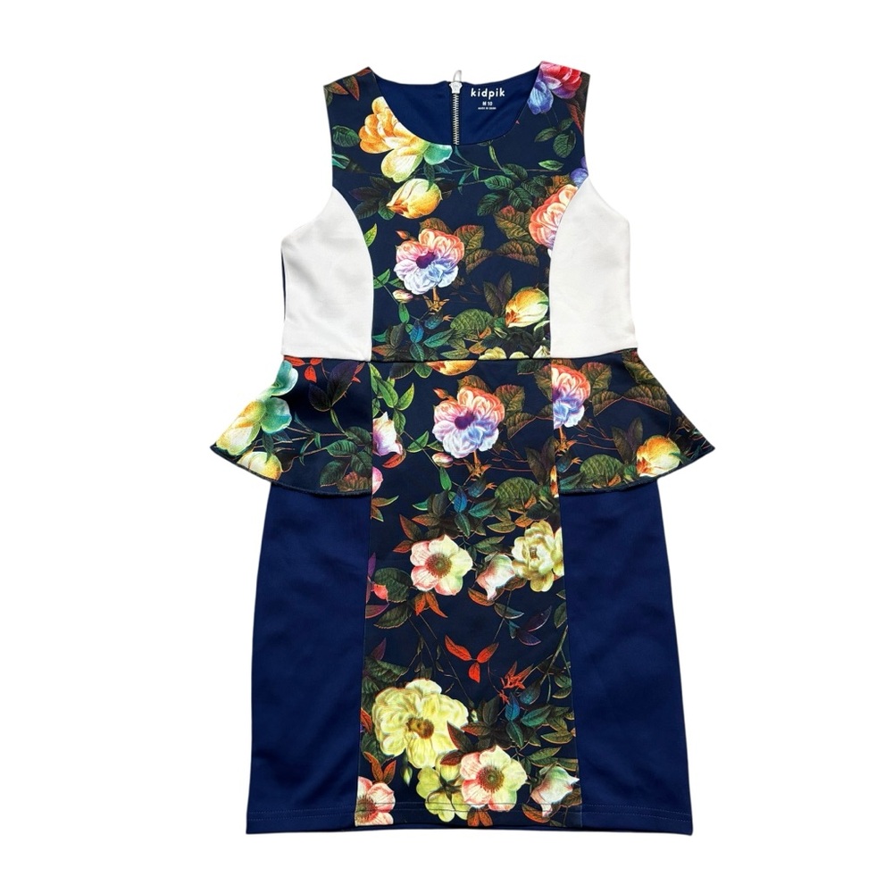 Girls KidPik Brand Navy Blue Floral Peplum Dress Size Medium‎ 10
